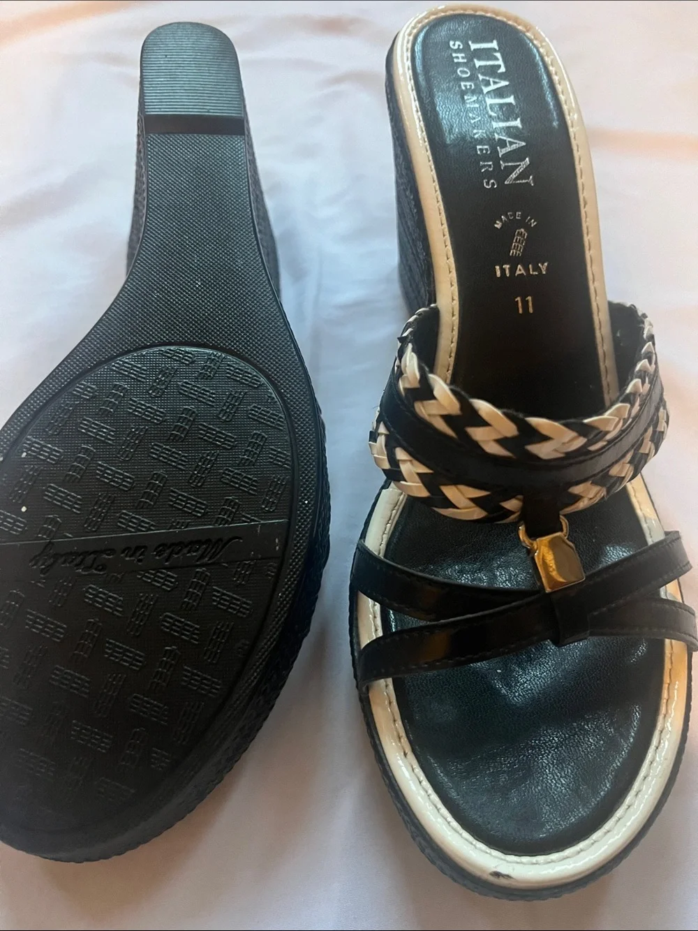 Italian Shoemakers Black and White Braided Wedge Sandals with Gold Charm